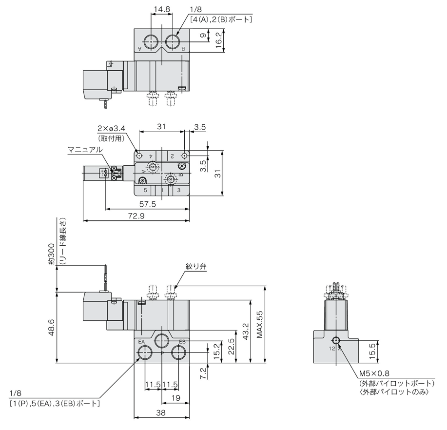 5-port solenoid valve, base mounted, compact body type with built-in throttle valve for VQZ2000, drawing 1