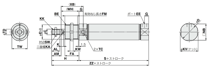 Air cylinder, standard type, single acting, spring return/extend, C75 series, drawing 2