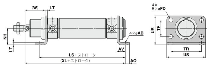 Air cylinder, standard type, single acting, spring return/extend, C75 series, drawing 3