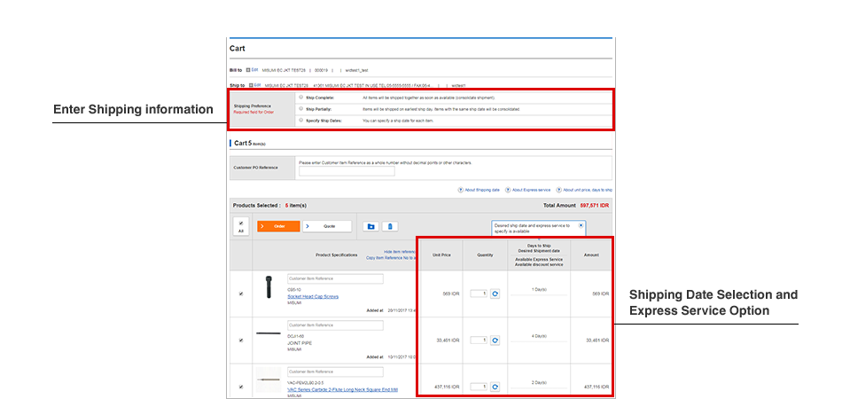 Enter Shipping information / Shipping Date Selection and Express Service Option