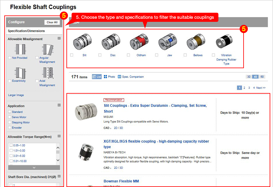 5. Choose the type and specifications to filter the suitable couplings